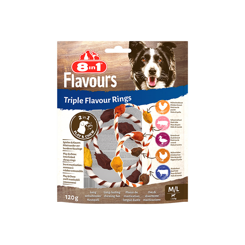 8in1 Flavours trigubo skonio skanėstas šuniui M/L, žiedai, 120 g