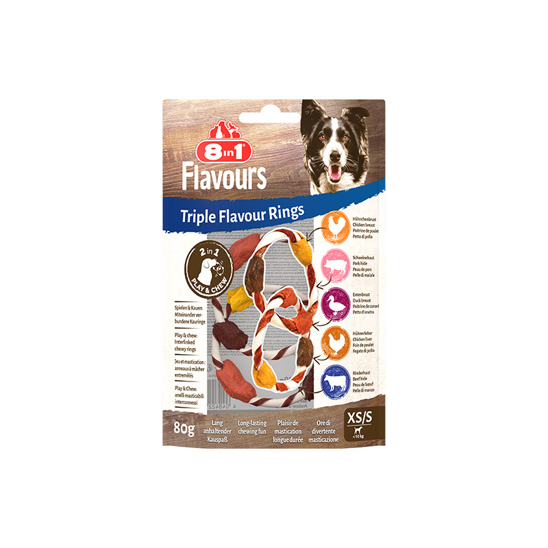 8in1 Flavours trigubo skonio skanėstas šuniui XS/S, žiedai, 80 g