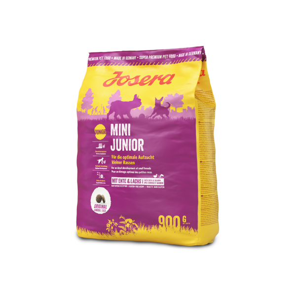 Josera MiniJunior sausas pašaras mažų veislių jauniems šunims su antiena ir lašiša, 900 g