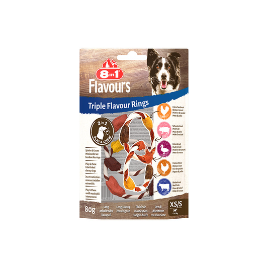 8in1 Flavours trigubo skonio skanėstas šuniui XS/S, žiedai, 80 g