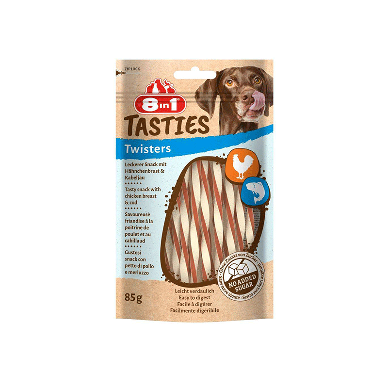 8in1 Tasties Twisters skanėstai šunims su vištiena ir menke, 85 g