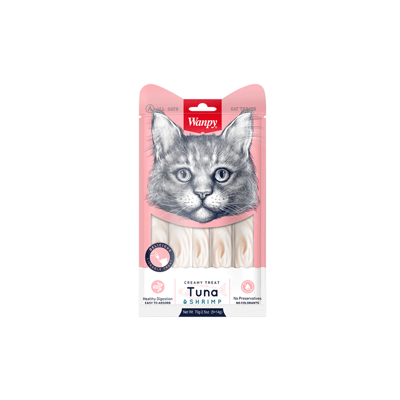 Wanpy Creamy treats skanėstas katėms, su tunu ir krevetėmis, 70 g (5x14g)
